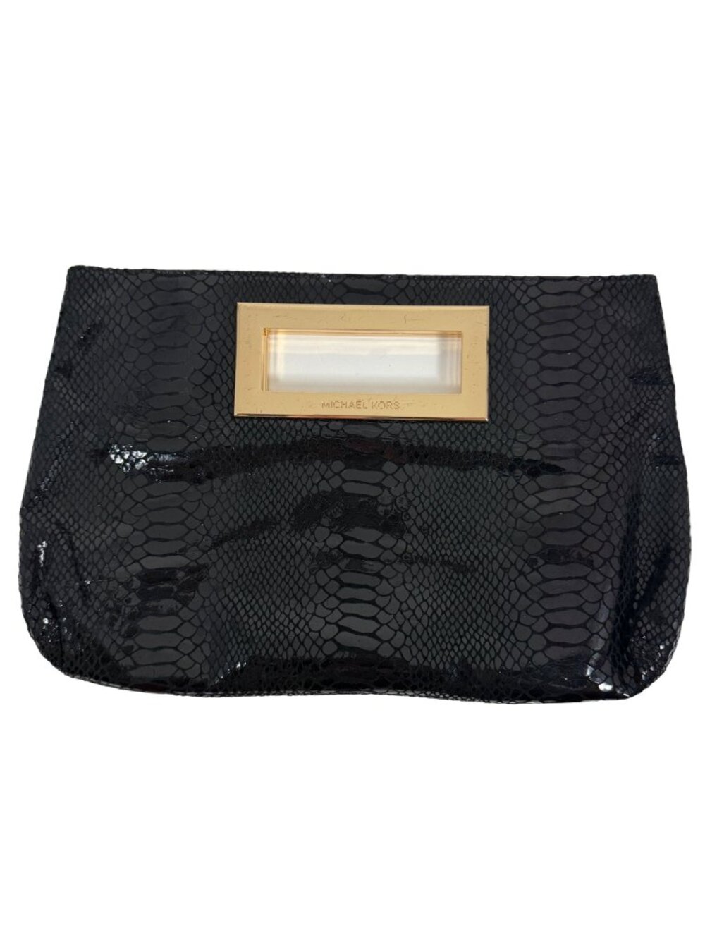 MICHAEL KORS - Berkeley Clutch Bag Black Snakeskin Pattern Patent Leather Gold
